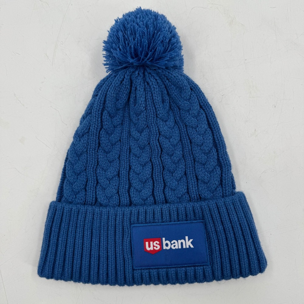 US Bank‎ Blue Cable Knit Pom Pom Beanie Winter Hat
